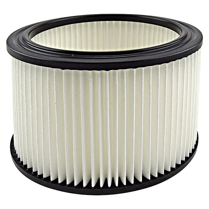 Menzer Patronenfilter - Passend für: Menzer Nass-Trockensauger - Luftfilter für Staubsauger: Ein zylindrischer Filter mit schwarzem Rand und vielen weißen Falten für effizientes Staubsaugen.