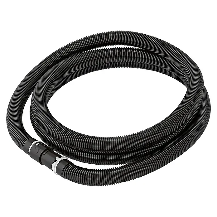 Menzer Saugschlauch - 3 m, Passend für: Menzer Sauger mit 32 mm Anschluss - Schwarzer Staubsaugerschlauch mit gerippter Textur, der in einer kreisförmigen Form aufgerollt ist, und einem Anschlussstück.