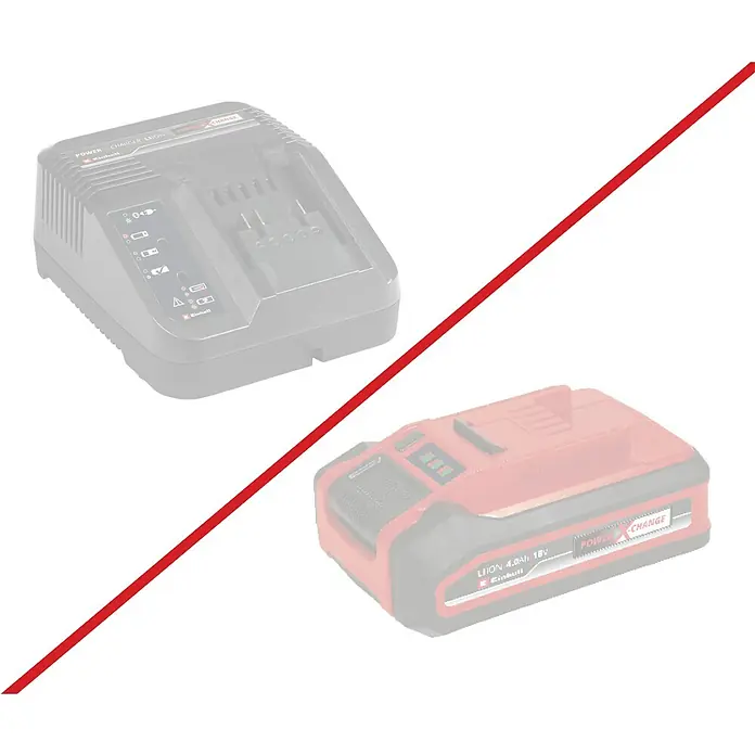 Einhell PXC 18V Nevera de batería TE-COL 18/27 Li-Solo - 18 V, Sin batería, 27 l, 20 °C - 60 °C - Cargador y batería Einhell Power X-Change. El cargador es negro y la batería es roja; ambas piezas están diseñadas para herramientas Einhell.
