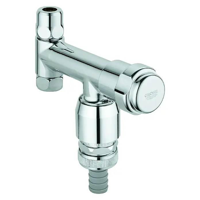 Grohe Geräteventil Eckfix - ⅜″, Verchromt, Mit Sicherungseinrichtung - Nahaufnahme einer glänzenden Grohe Eckventil-Armatur aus Chrom, ideal für Badezimmer oder Küchen, mit präzisem Design.