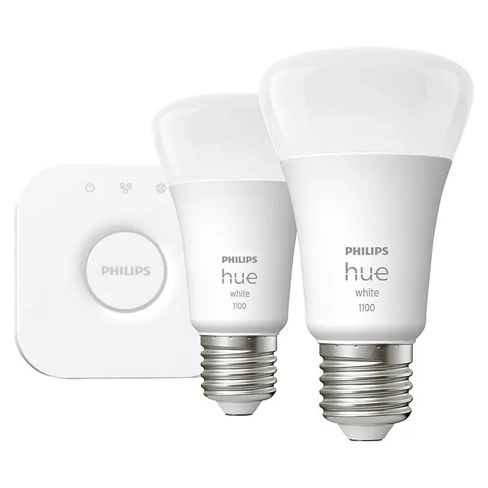 Philips Hue LED-Lampen Set White 1100 matter mit Bridge - E27, Dimmbar, Warmweiß, 1.100 lm, 9,5 W, 2 Stk. - Philips Hue White 1100 Starter Kit mit zwei smarten Glühbirnen und der Hue Bridge für die Steuerung des Lichts.