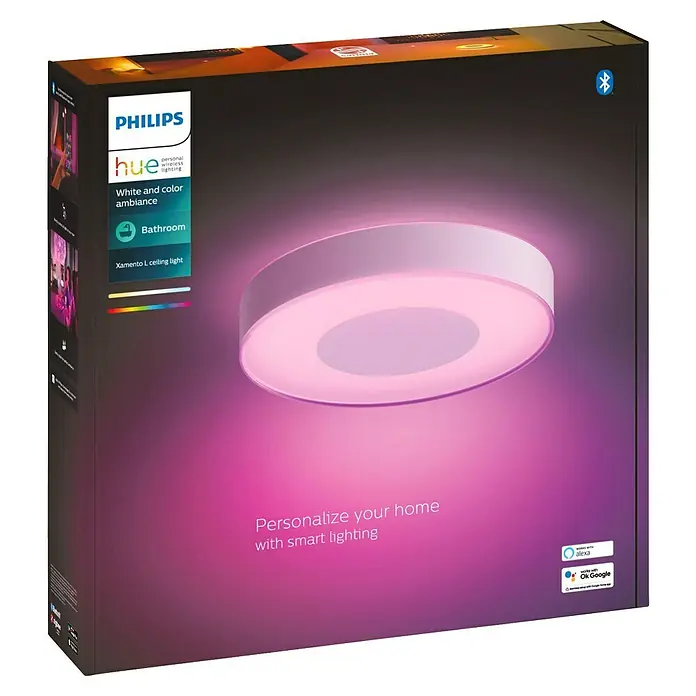 Philips Hue LED-Deckenleuchte rund Xamento - 53 W, Ø x H: 48,1 x 8,4 cm, Weiß, RGBW - Die Philips Hue Xamento L Deckenleuchte in der Verpackung. Diese smarte Leuchte bietet weiße und farbige Ambientebeleuchtung für Ihr Badezimmer.