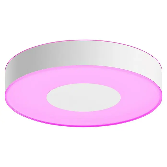 Philips Hue LED-Deckenleuchte rund Xamento - 34 W, Ø x H: 38,1 x 8,4 cm, Weiß, RGBW - Moderne LED-Deckenleuchte mit weißem Gehäuse und rosafarbenem Lichtring für eine stimmungsvolle Beleuchtung.