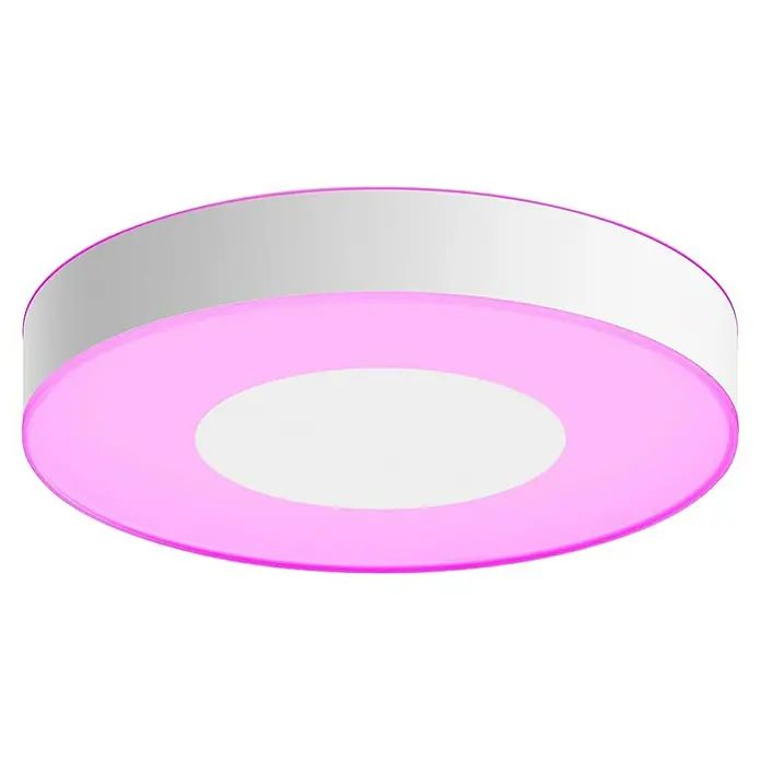 Philips Hue LED-Deckenleuchte rund Xamento - 53 W, Ø x H: 48,1 x 8,4 cm, Weiß, RGBW - Eine runde LED-Deckenleuchte mit weißem Rand und rosa Licht, ideal für moderne Innenräume und stimmungsvolle Beleuchtung.