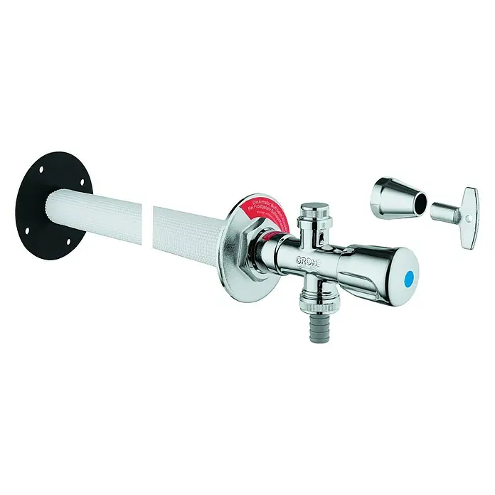 Grohe Außenwandventil Eurotec-Bausatz 2 - ½″, Rückflussverhinderer - Das Bild zeigt einen Grohe Eckregulierventil mit Rosette, der für eine einfache Installation und Wartung entwickelt wurde.