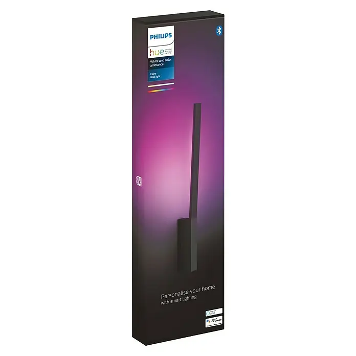 Philips Hue LED-Wandleuchte White and color ambience Liana - 12,2 W, L x B x H: 3,1 x 10,7 x 55,8 cm, Schwarz, RGBW - Das Bild zeigt die Verpackung der Philips Hue Liane Wandleuchte mit Farbwechselfunktion für ein personalisiertes Zuhause.