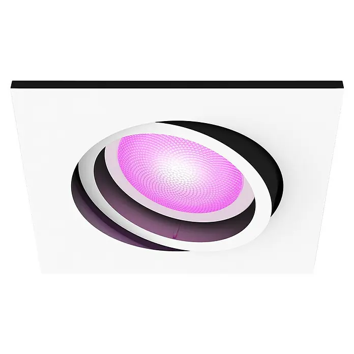 Philips Hue LED-Einbauleuchte White and Color Ambience Centura - 4,2 W, L x B x H: 10 x 9 x 9 cm, Weiß, RGBW - Moderne Einbauleuchte mit konzentrischen schwarzen und weißen Ringen und einer strukturierten violetten LED-Lichtquelle.