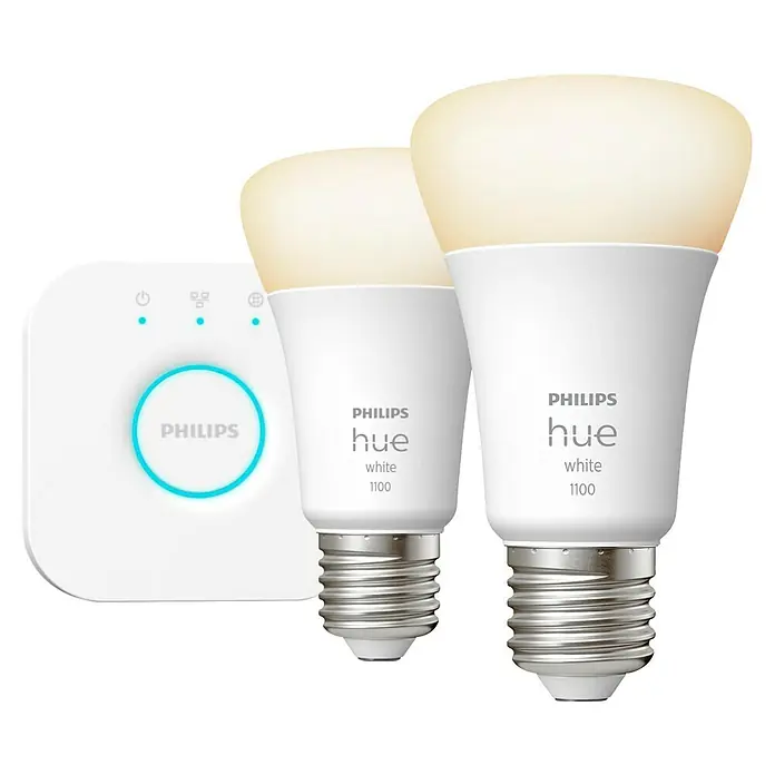 Philips Hue LED-Lampen Set White 1100 matter mit Bridge - E27, Dimmbar, Warmweiß, 1.100 lm, 9,5 W, 2 Stk. - Philips Hue White 1100 Starter Kit mit zwei intelligenten Glühbirnen und einer Bridge für die intelligente Beleuchtung Ihres Zuhauses.