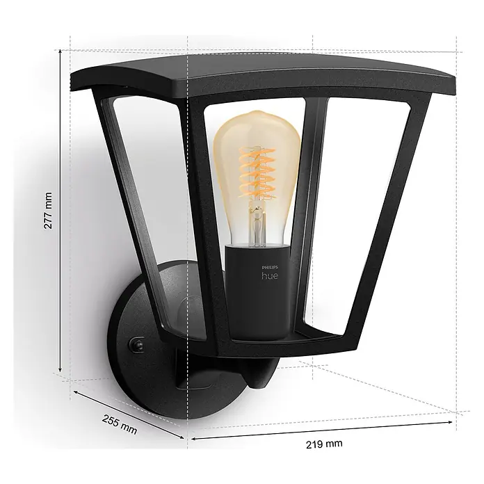 Philips Hue LED-Wandleuchte Inara - 7 W, L x B x H: 21,9 x 22,6 x 27,7 cm, Schwarz, Warmweiß - Abbildung einer Philips Hue Laterne für den Außenbereich mit den Maßen 277 x 255 x 219 mm.
