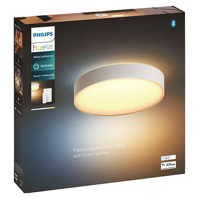 Philips Hue LED-Deckenleuchte rund Devere - 34 W, Ø x H: 47,6 x 10 cm, Weiß, Neutralweiß - Verpackung einer Philips Hue Devere L Deckenleuchte mit Dimmfunktion, ideal für Badezimmer mit warmer Ambientebeleuchtung und intelligenter Steuerung.