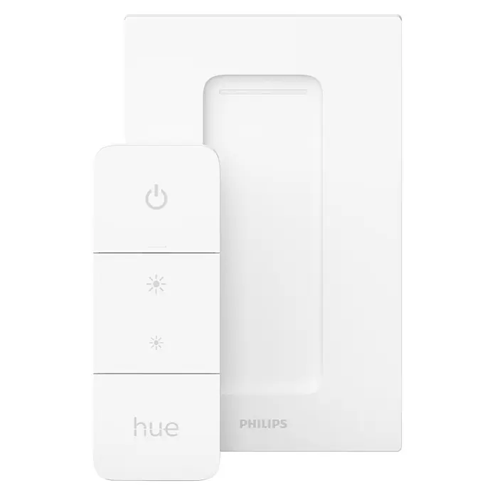 Philips Hue LED-Deckenleuchte rund Xamento - 34 W, Ø x H: 38,1 x 8,4 cm, Weiß, RGBW - Nahaufnahme eines Philips Hue Dimmschalters in Weiß mit einem weißen Rahmen im Hintergrund. Das Produkt ist für die Steuerung von smarten Lichtern konzipiert.