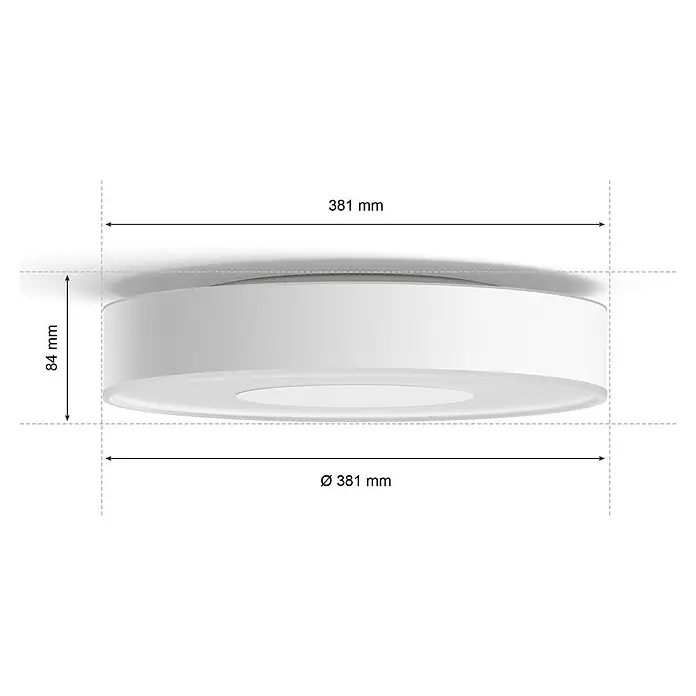 Philips Hue LED-Deckenleuchte rund Xamento - 34 W, Ø x H: 38,1 x 8,4 cm, Weiß, RGBW - Produktbild einer runden, weißen Deckenleuchte mit den Maßen 381 mm Durchmesser und 84 mm Höhe. Die Leuchte hat eine schlichte, moderne Optik.