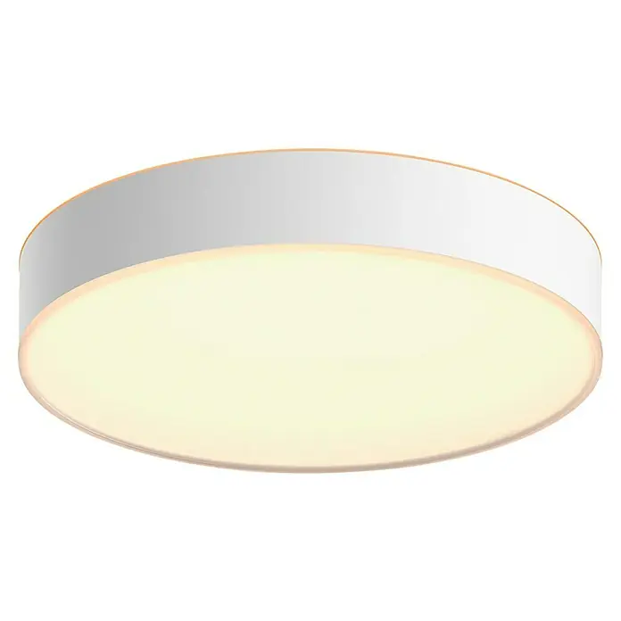 Philips Hue LED-Deckenleuchte rund Devere - 19 W, Ø x H: 43,7 x 10 cm, Weiß, Neutralweiß - Nahaufnahme einer runden, weißen Deckenleuchte mit warmweißem Licht. Das schlichte Design sorgt für eine moderne Beleuchtung.