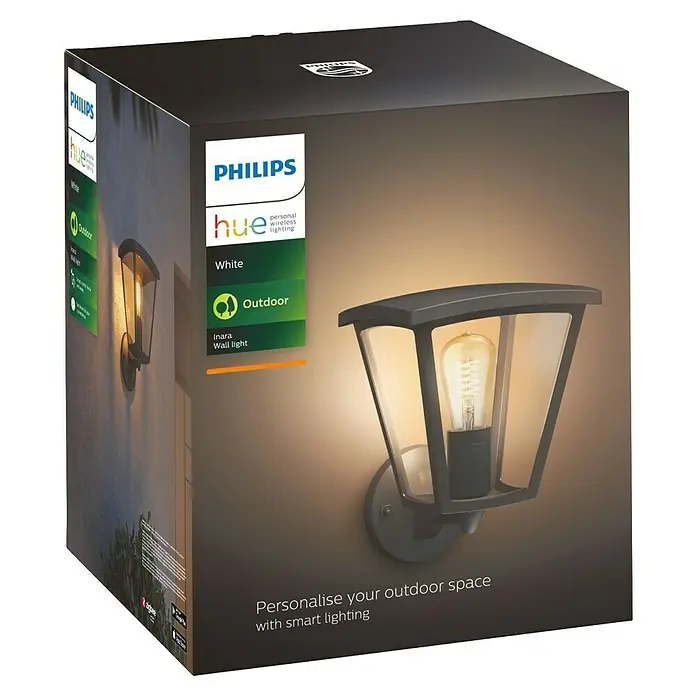Philips Hue LED-Wandleuchte Inara - 7 W, L x B x H: 21,9 x 22,6 x 27,7 cm, Schwarz, Warmweiß - Abbildung eines Philips Hue Inara Outdoor Wandleuchte-Kits in Weiß. Eine smarte und kabellose Beleuchtungslösung für Ihren Außenbereich.