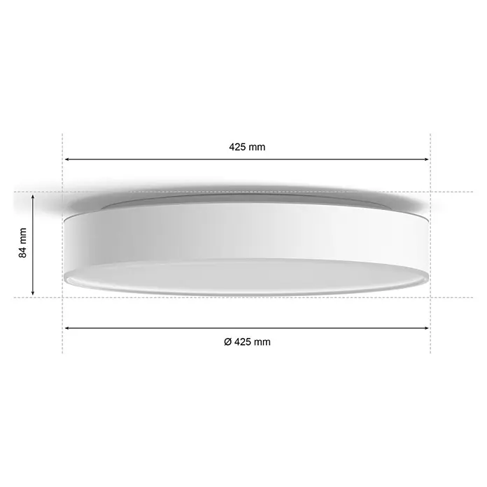 Philips Hue LED-Deckenleuchte rund Devere - 34 W, Ø x H: 47,6 x 10 cm, Weiß, Neutralweiß - Produktansicht eines weißen LED-Deckenleuchters mit den Maßen 425 mm Durchmesser und 84 mm Höhe. Moderne Beleuchtung für Innenräume.