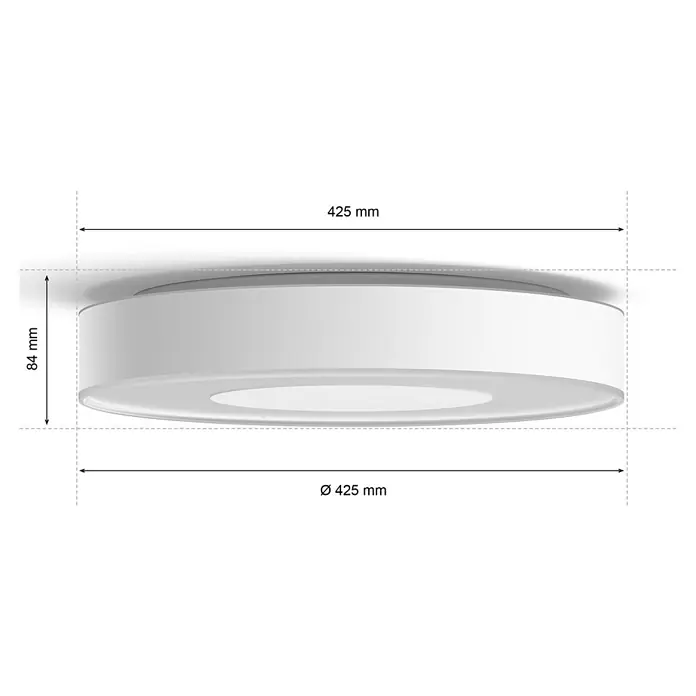 Philips Hue LED-Deckenleuchte rund Xamento - 53 W, Ø x H: 48,1 x 8,4 cm, Weiß, RGBW - Abmessungen der runden, weißen LED-Deckenleuchte mit 425 mm Durchmesser und 84 mm Höhe für eine optimale Raumausleuchtung.