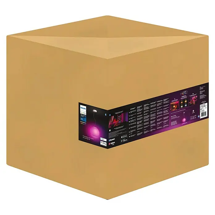 Philips Hue LED-Pendelleuchte Flourish - 39,5 W, L x B x H: 40,1 x 40,1 x 30 cm, Weiß - Eine große Kartonverpackung für eine Philips Hue Pendelleuchte mit farbiger Abbildung.