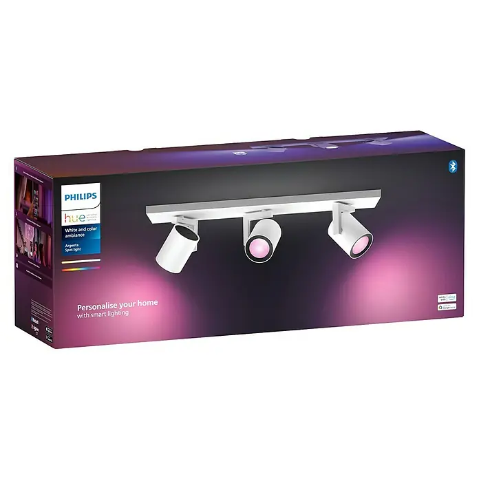 Philips Hue LED-Deckenstrahler White and Color Ambience Argenta - 4,2 W, L x B x H: 48 x 8,9 x 12,6 cm, Weiß, RGBW, Anzahl Leuchtmittel: 3 Stk. - Die Verpackung der Philips Hue Argenta Spot Light, einer smarten Lampe für Ihr Zuhause, die weißes und farbiges Licht bietet.