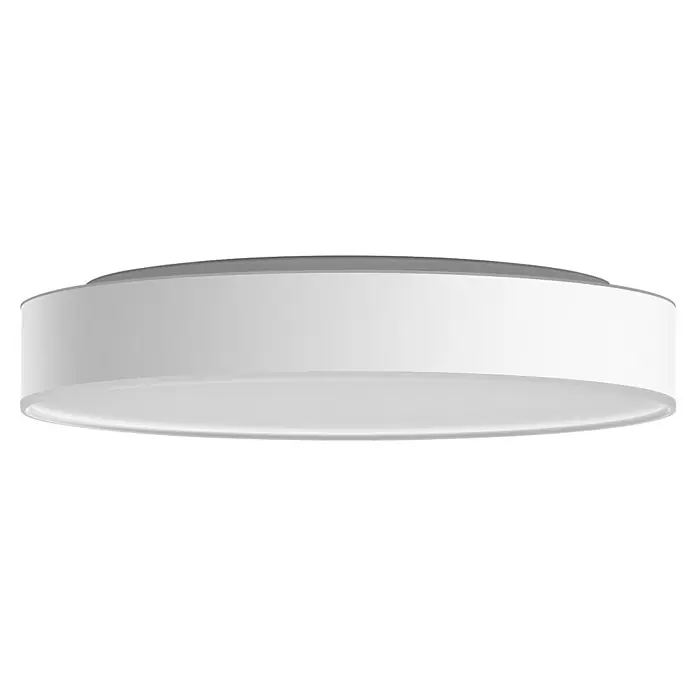 Philips Hue LED-Deckenleuchte rund Devere - 34 W, Ø x H: 47,6 x 10 cm, Weiß, Neutralweiß - Ein modernes, rundes Deckenlicht mit einem grauen Rand und einem weißen, diffusen Lampenschirm, der ein weiches, gleichmäßiges Licht bietet.