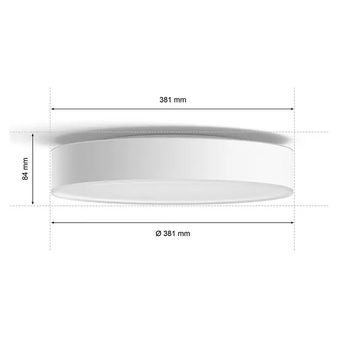 Philips Hue LED-Deckenleuchte rund Devere - 19 W, Ø x H: 43,7 x 10 cm, Weiß, Neutralweiß - Produktabbildung einer runden, weißen Deckenleuchte mit den Maßen 381 mm Durchmesser und 84 mm Höhe, ideal für moderne Innenräume.