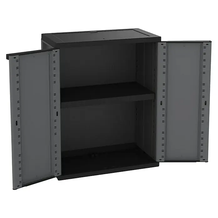 Terry J-Base Armario multiusos de plástico - L x An x Al: 37,5 x 68 x 85 cm, Bajo, Gris oscuro/Negro - La imagen muestra un armario de almacenamiento abierto gris con dos estantes, que proporciona almacenamiento y organización.