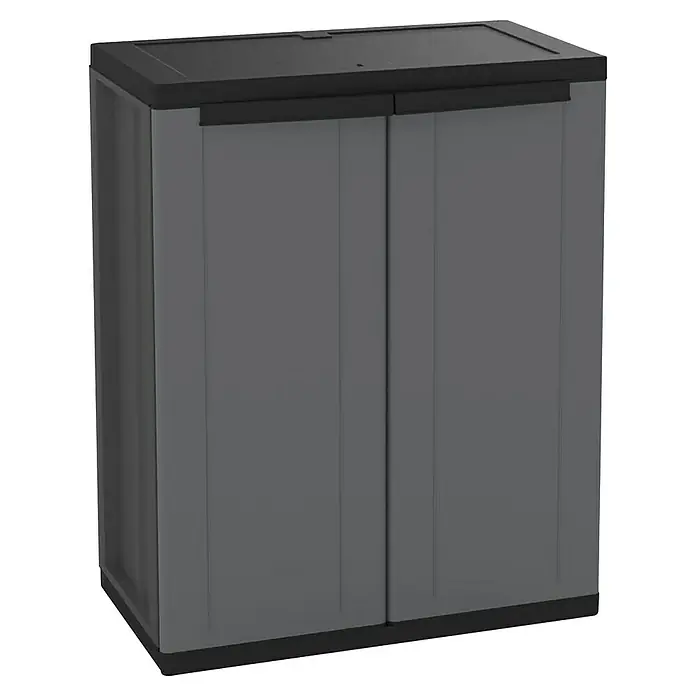 Terry J-Base Armario multiusos de plástico - L x An x Al: 37,5 x 68 x 85 cm, Bajo, Gris oscuro/Negro - Armario de exterior gris con dos puertas y tapa negra para guardar herramientas y equipos de jardín, una solución de almacenamiento práctica.