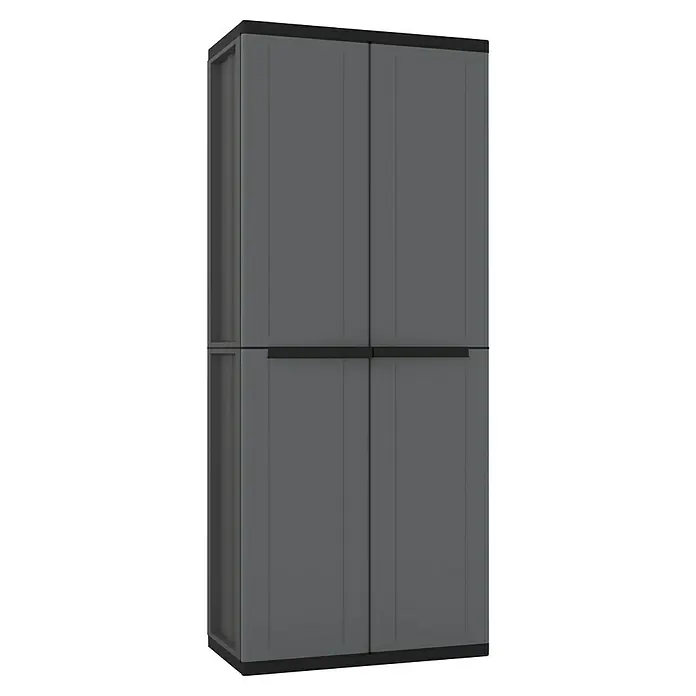 Terry J-Base Armario multiusos de plástico - L x An x Al: 37,5 x 68 x 163,5 cm, Escobero, Gris oscuro/Negro - Armario de jardín alto y gris con cuatro puertas, perfecto para el almacenamiento al aire libre. Una solución práctica para guardar herramientas y accesorios de jardín.