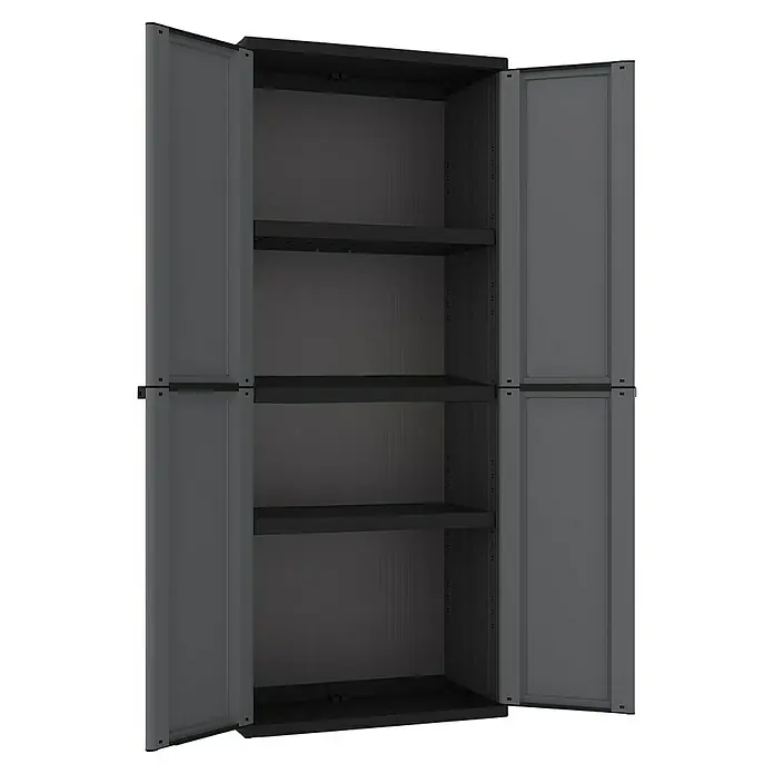 Terry J-Base Armario multiusos de plástico - L x An x Al: 37,5 x 68 x 163,5 cm, Alto, Gris oscuro/Negro - Un armario multiusos abierto de color gris con cuatro estantes para almacenar diversos objetos.