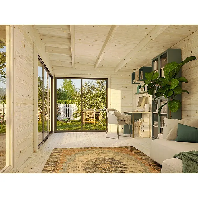 Palmako Gartenhaus Andrea Slide Plus - Außenmaß inkl. Dachüberstand (B x T): 639 x 402 cm, Tauchgrundiertes Holz, Grau - Helle Holzhütte mit Fensterfront und gemütlicher Einrichtung, die einen einladenden Raum schafft. Die Gestaltung ist hell und freundlich.
