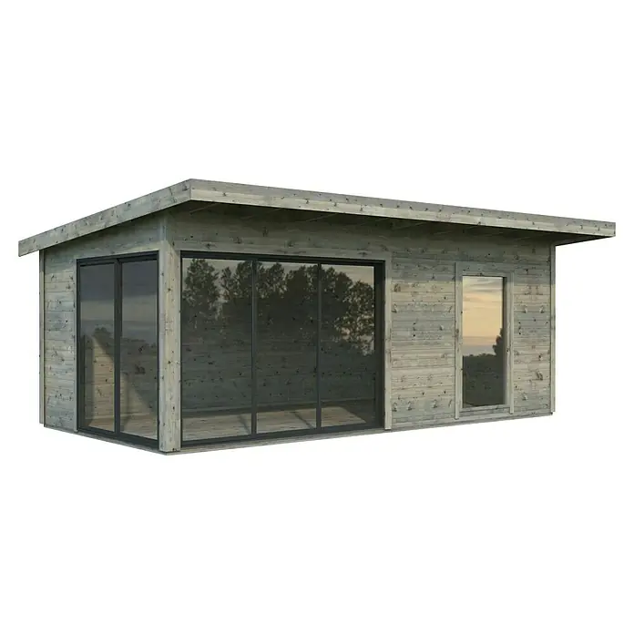 Palmako Gartenhaus Andrea Slide Plus - Außenmaß inkl. Dachüberstand (B x T): 639 x 402 cm, Tauchgrundiertes Holz, Grau - Das Bild zeigt ein modernes Holzgartenhaus mit großen Glasfenstern, ideal für einen hellen und stilvollen Außenbereich.