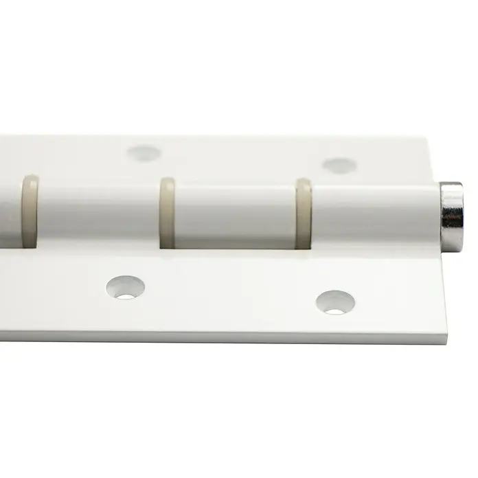 Justor Bisagra SA 180 - L x An x Al: 29 x 15,2 x 2,4 cm, Blanco - Primer plano de una bisagra de puerta blanca con un pasador plateado. Diseño robusto que asegura un rendimiento fiable, ideal para puertas.