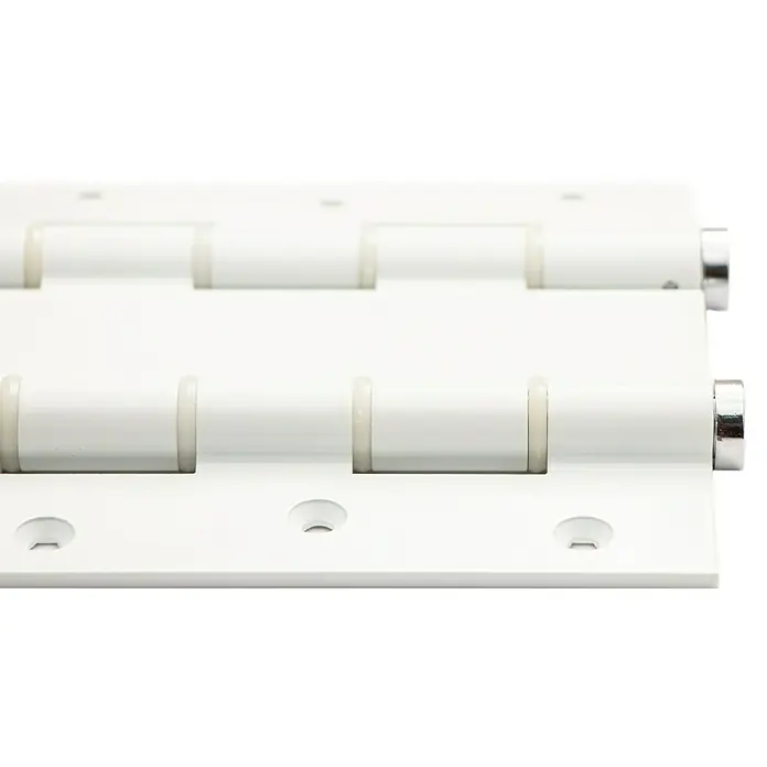 Justor Bisagra DA 180 - L x An x Al: 18 x 15,7 x 2,4 cm, Blanco - Primer plano de una bisagra continua blanca con orificios de montaje y tapas de extremo brillantes.