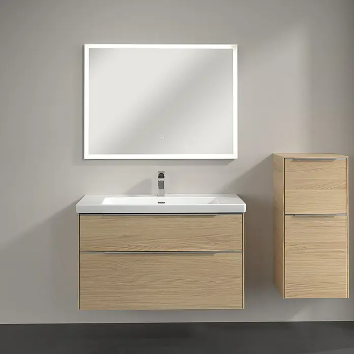Villeroy & Boch Subway 3.0 Seitenschrank - B x T x H: 40 x 36,2 x 86 cm, Nordik Oak, DIN Anschlag: Rechts, Farbe Griff: Aluminium glänzend - Moderne Badezimmerkonsole aus hellem Holz mit zwei Schubladen, einem Aufsatzwaschbecken und einem beleuchteten Spiegel.