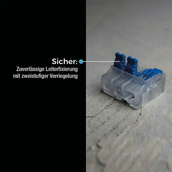 Ideal Hebelklemme Gen II - Anzahl Leiter: 3 Stk., 4 mm², 40 Stk. - Das Bild zeigt eine detailreiche Nahaufnahme einer Wago-Klemme, die für sichere elektrische Verbindungen mit zweistufiger Verriegelung sorgt.