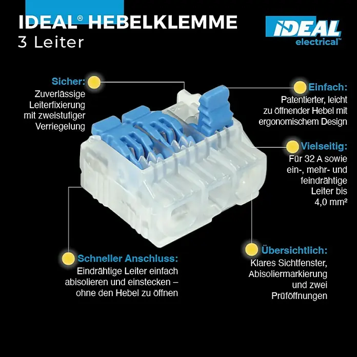 Ideal Hebelklemme Gen II - Anzahl Leiter: 3 Stk., 4 mm², 40 Stk. - Bild einer IDEAL Hebelklemme für drei Leiter, die sichere, einfache und schnelle Verbindungen ermöglicht und eine übersichtliche Anwendung bietet.