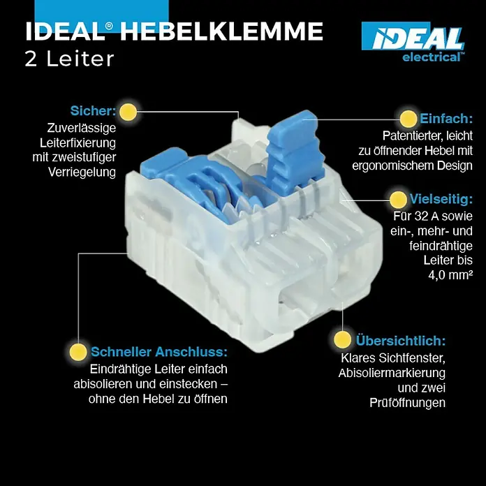 Ideal Hebelklemme Gen II - Anzahl Leiter: 2 Stk., 4 mm², 40 Stk. - Bild einer Ideal Hebelklemme, einem elektrischen Bauteil. Die Klemme ist transparent und blau und für zwei Leiter geeignet.