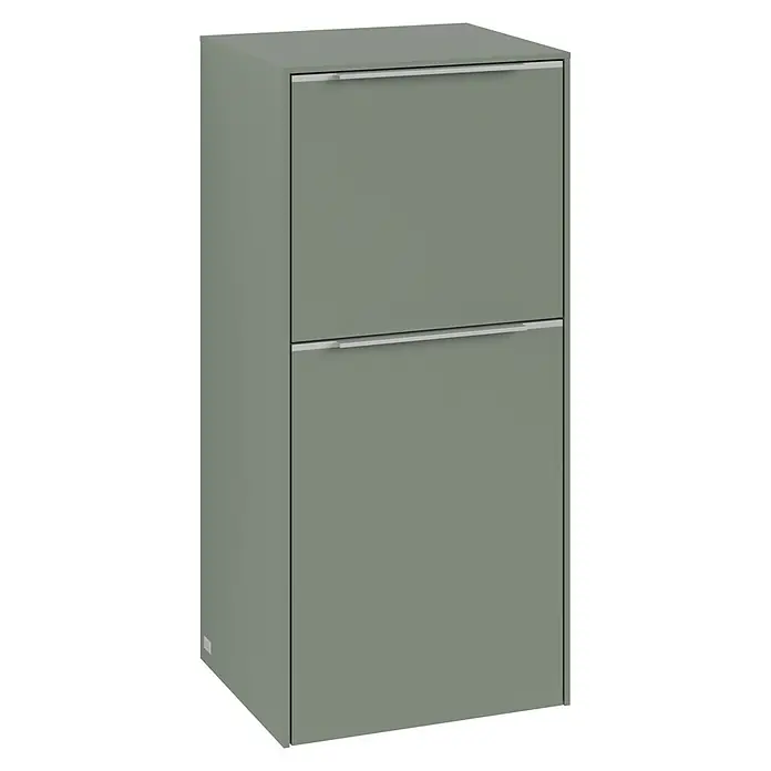 Villeroy & Boch Subway 3.0 Seitenschrank - B x T x H: 40 x 36,2 x 86 cm, Soft Green, DIN Anschlag: Rechts, Farbe Griff: Aluminium glänzend - Dieser Artikel zeigt einen grauen Schuhschrank mit zwei Fächern und silbernen Griffen, ideal für eine stilvolle Aufbewahrung Ihrer Schuhe.