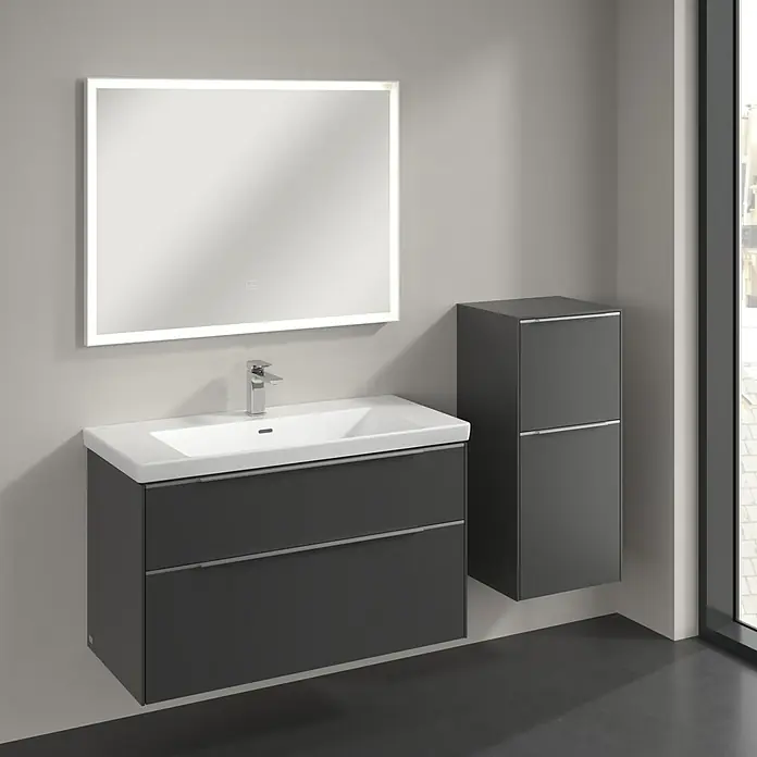 Villeroy & Boch Subway 3.0 Seitenschrank - B x T x H: 40 x 36,2 x 86 cm, Graphite, DIN Anschlag: Rechts, Farbe Griff: Aluminium glänzend - Moderne Waschtischanlage mit Unterschrank, Waschbecken und beleuchtetem Spiegel für ein stilvolles Badezimmer.