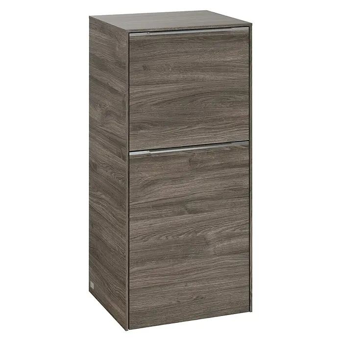 Villeroy & Boch Subway 3.0 Seitenschrank - B x T x H: 40 x 36,2 x 86 cm, Stone Oak, DIN Anschlag: Rechts, Farbe Griff: Aluminium glänzend - Das Bild zeigt einen zweistöckigen Holzschrank mit horizontalen Schubladen. Er präsentiert eine moderne und praktische Stauraumlösung.