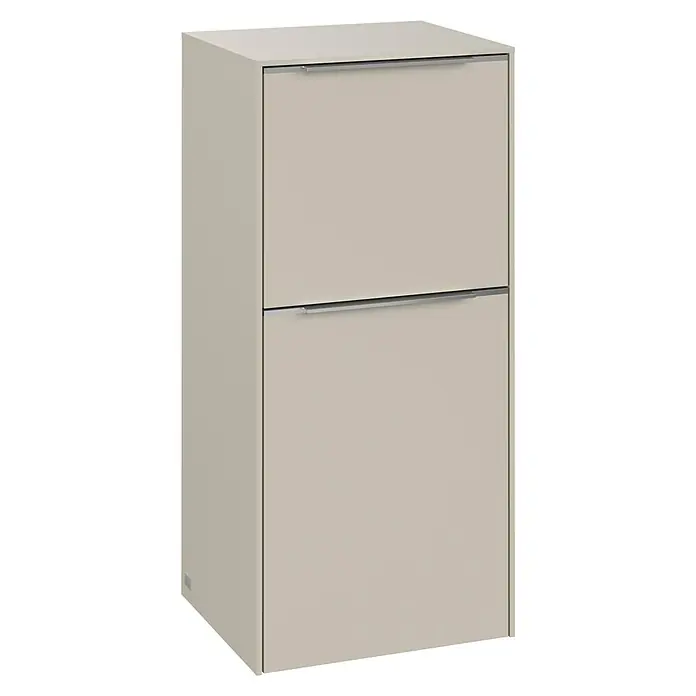 Villeroy & Boch Subway 3.0 Seitenschrank - B x T x H: 40 x 36,2 x 86 cm, Cashmere Grey, DIN Anschlag: Rechts, Farbe Griff: Aluminium glänzend - Ein eleganter Schuhschrank in Beige mit zwei Fächern und Griffen, ideal für eine stilvolle Aufbewahrung von Schuhen im Flur.