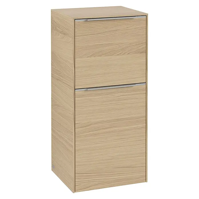 Villeroy & Boch Subway 3.0 Seitenschrank - B x T x H: 40 x 36,2 x 86 cm, Nordik Oak, DIN Anschlag: Rechts, Farbe Griff: Aluminium glänzend - Ein moderner Holzschrank mit zwei Schubladen und schlichten Metallgriffen, der Funktionalität und stilvolles Design vereint.