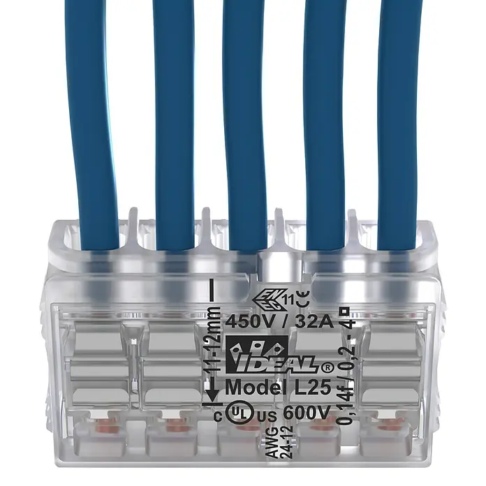 Ideal Hebelklemme Gen II - Anzahl Leiter: 5 Stk., 4 mm², 30 Stk. - Nahaufnahme einer IDEAL® Modell L25 Klemme mit blauen Drähten, die die einfache und sichere Verbindung von Kabeln zeigt.