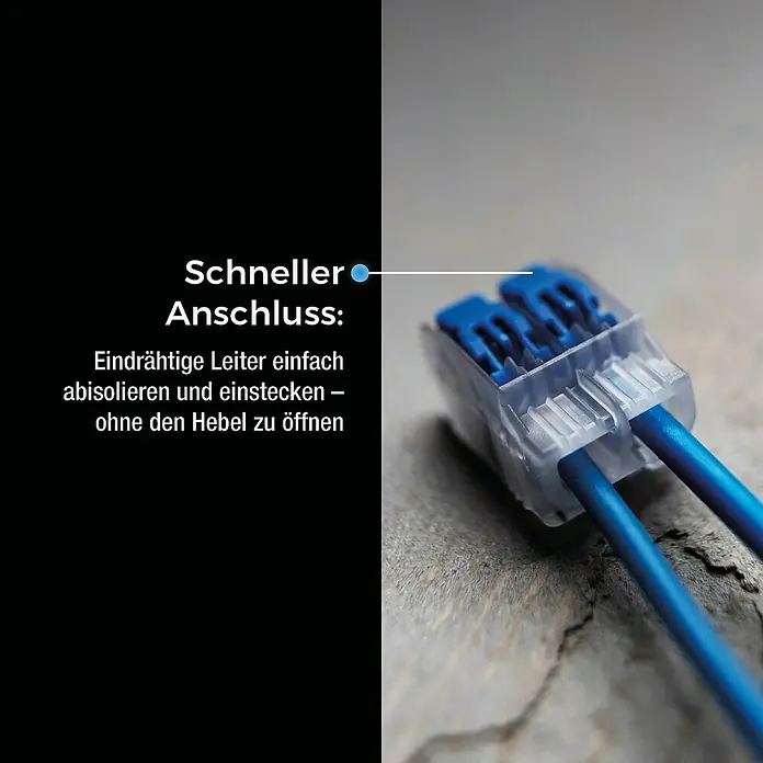 Ideal Hebelklemme Gen II - Anzahl Leiter: 2 Stk., 4 mm², 40 Stk. - Nahaufnahme einer WAGO-Klemme mit zwei blauen Kabeln. Schneller Anschluss für eindrähtige Leiter ohne Hebelbetätigung.