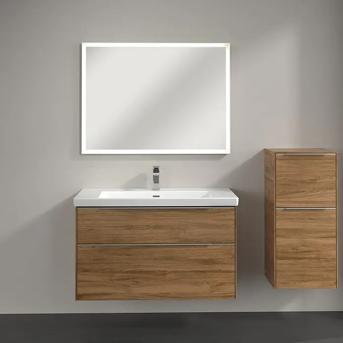 Villeroy & Boch Subway 3.0 Seitenschrank - B x T x H: 40 x 36,2 x 86 cm, Kansas Oak, DIN Anschlag: Rechts, Farbe Griff: Aluminium glänzend - Badezimmer-Waschtisch mit Holzunterschrank, Aufsatzwaschbecken und beleuchtetem Spiegel für ein modernes Badambiente.