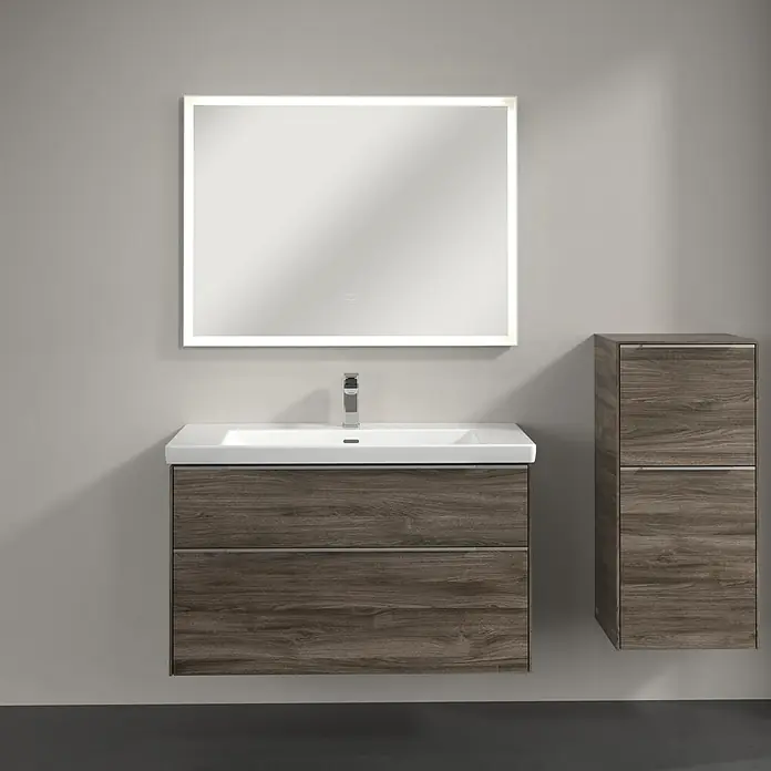 Villeroy & Boch Subway 3.0 Seitenschrank - B x T x H: 40 x 36,2 x 86 cm, Stone Oak, DIN Anschlag: Rechts, Farbe Griff: Aluminium glänzend - Elegantes Badezimmer-Set mit Waschtischunterschrank in Holzoptik, Aufsatzwaschbecken und einem beleuchteten Spiegel für ein modernes Ambiente.