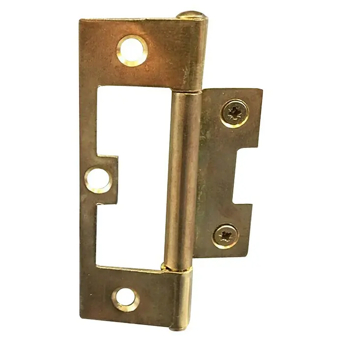 Suki Bisagra - Largo: 75 mm - Primer plano de una bisagra con un pasador, utilizada para fijar una puerta a un marco, mostrando su construcción y los orificios de montaje.
