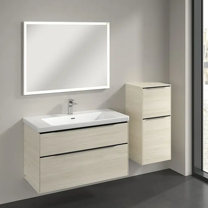 Villeroy & Boch Subway 3.0 Seitenschrank - B x T x H: 40 x 36,2 x 86 cm, White Oak, DIN Anschlag: Rechts, Farbe Griff: Volcano Black - Badezimmer-Waschtisch mit LED-Spiegel und passendem Hängeschrank in Holzoptik. Das moderne Badmöbel-Set ist stilvoll und funktional.