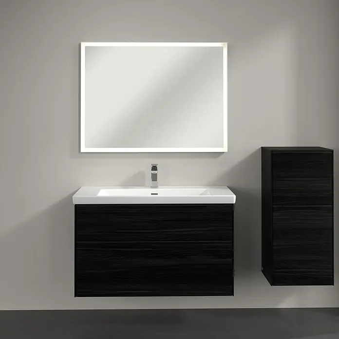 Villeroy & Boch Subway 3.0 Seitenschrank - B x T x H: 40 x 36,2 x 86 cm, Black Oak, DIN Anschlag: Rechts, Farbe Griff: Volcano Black - Modernes Badezimmer-Waschtischset mit schwarzem Holzunterschrank, weißem Waschbecken und beleuchtetem Spiegel für ein stilvolles Ambiente.