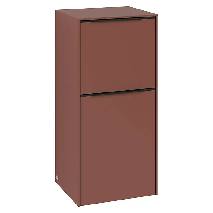 Villeroy & Boch Subway 3.0 Seitenschrank - B x T x H: 40 x 36,2 x 86 cm, Wine Red, DIN Anschlag: Rechts, Farbe Griff: Volcano Black - Ein moderner brauner Schuhschrank mit zwei Fächern und schwarzen Griffen, ideal für die stilvolle Aufbewahrung von Schuhen im Flur.
