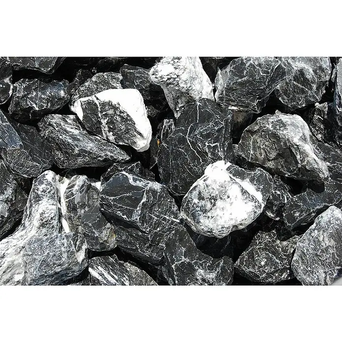 Scherf Bruchstein Marmor Big Bag - Körnung: 50 mm - 100 mm, Schwarz,Weiß, Naturstein, 1.000 kg - Nahaufnahme einer Ansammlung von polierten, schwarz-weiß geäderten Ziersteinen, ideal für Aquarien oder Gärten.
